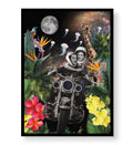 Surreal Safari Ride wall art featuring Dalí and Frida Kahlo on a cosmic motorcycle for Indian home decor.