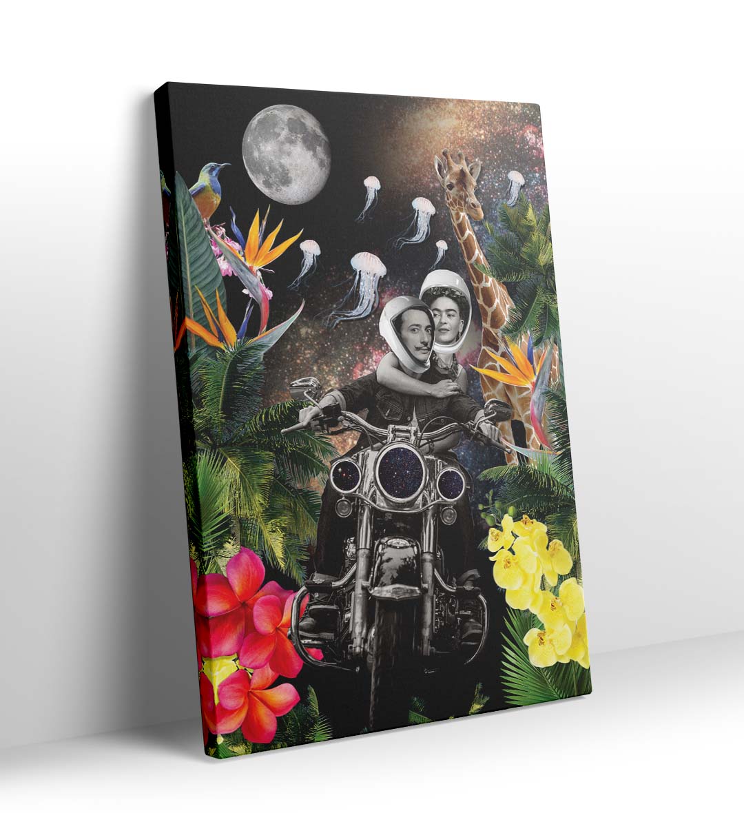 Surreal Safari Ride wall art featuring Dalí and Frida Kahlo on a cosmic motorcycle for Indian home decor.