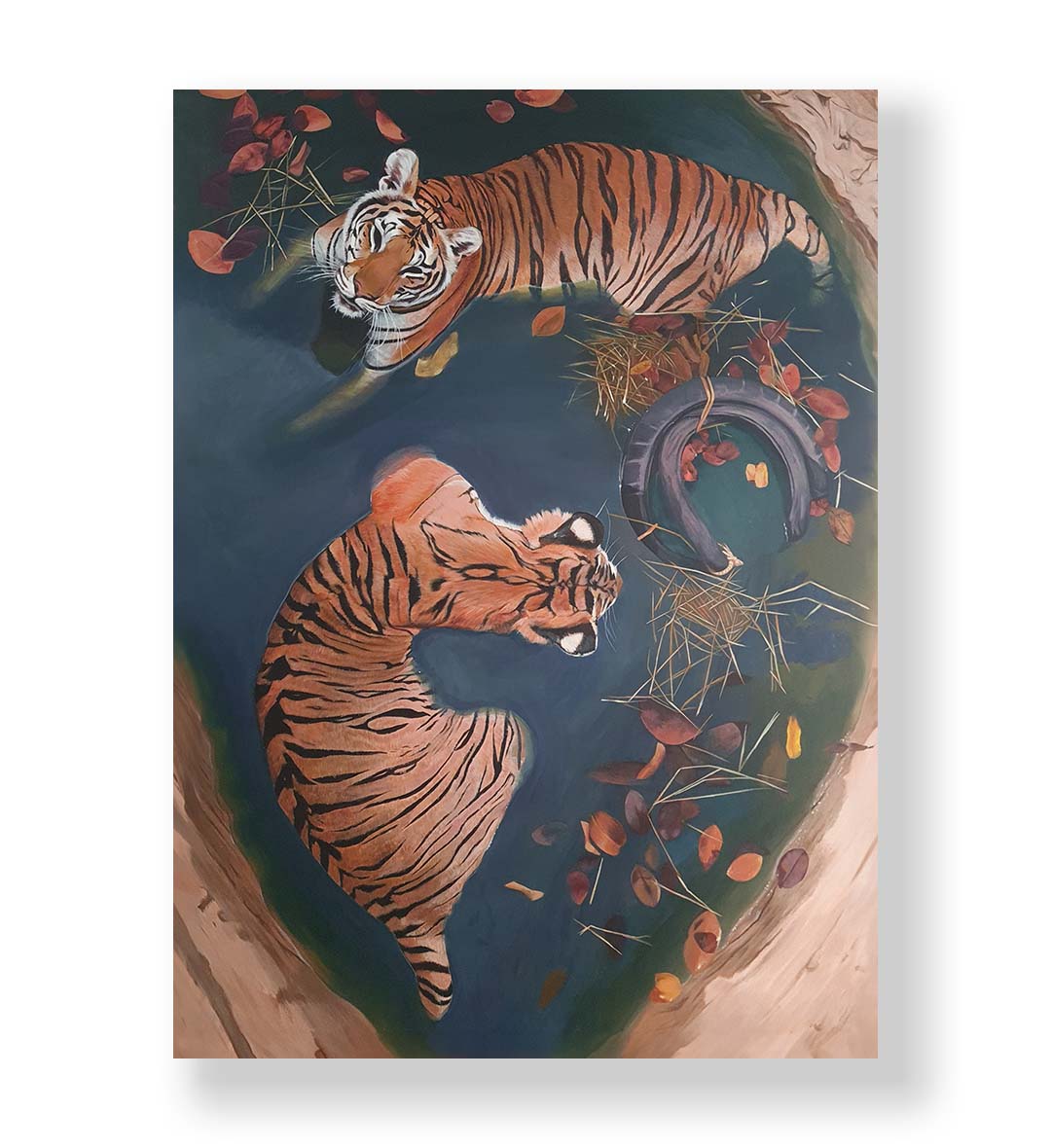 Tiger Serenity Haven wildlife wall art featuring two tigers in a teal pool with autumn leaves for Indian home decor.
