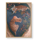 Tiger Serenity Haven wildlife wall art featuring two tigers in a teal pool with autumn leaves for Indian home decor.