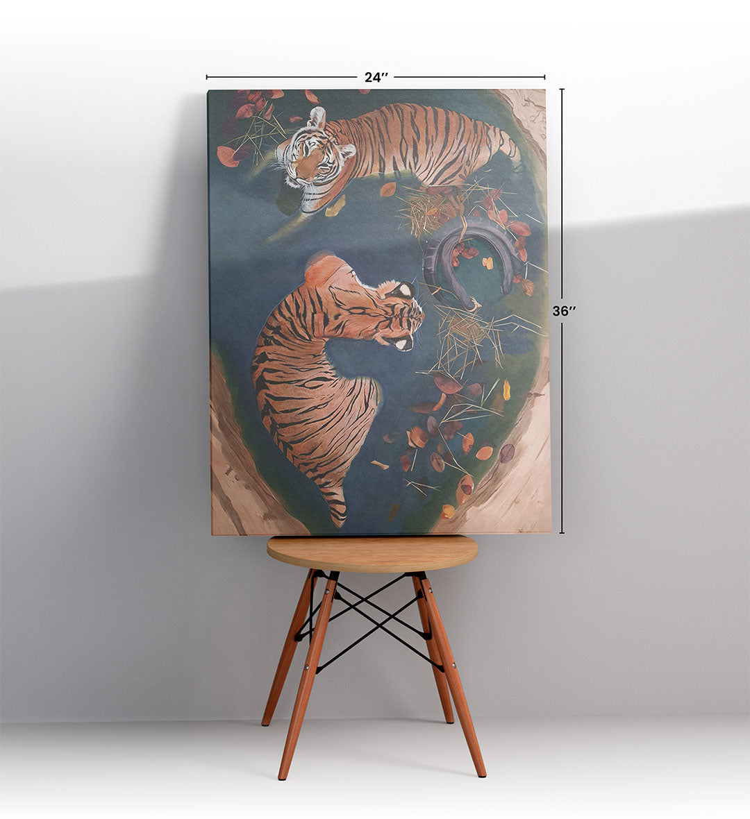 Tiger Serenity Haven wildlife wall art featuring two tigers in a teal pool with autumn leaves for Indian home decor.