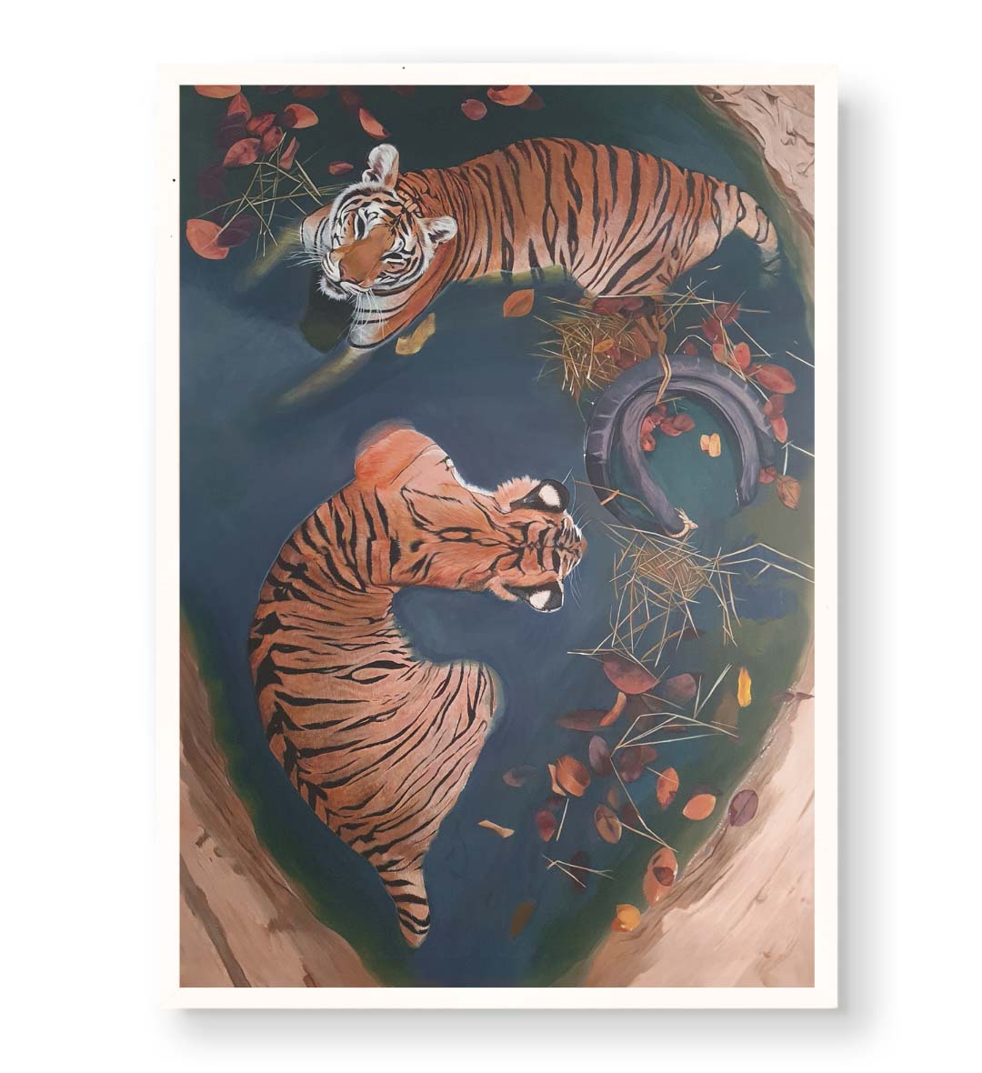 Tiger Serenity Haven wildlife wall art featuring two tigers in a teal pool with autumn leaves for Indian home decor.