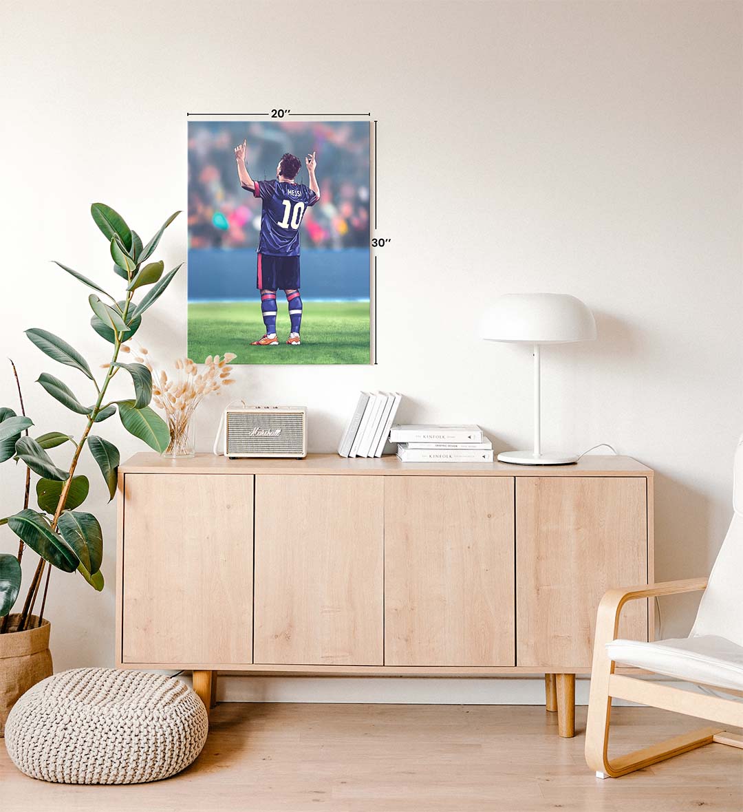 Lionel Messi canvas wall art in Barcelona jersey celebrating, perfect for modern Indian sports home decor.