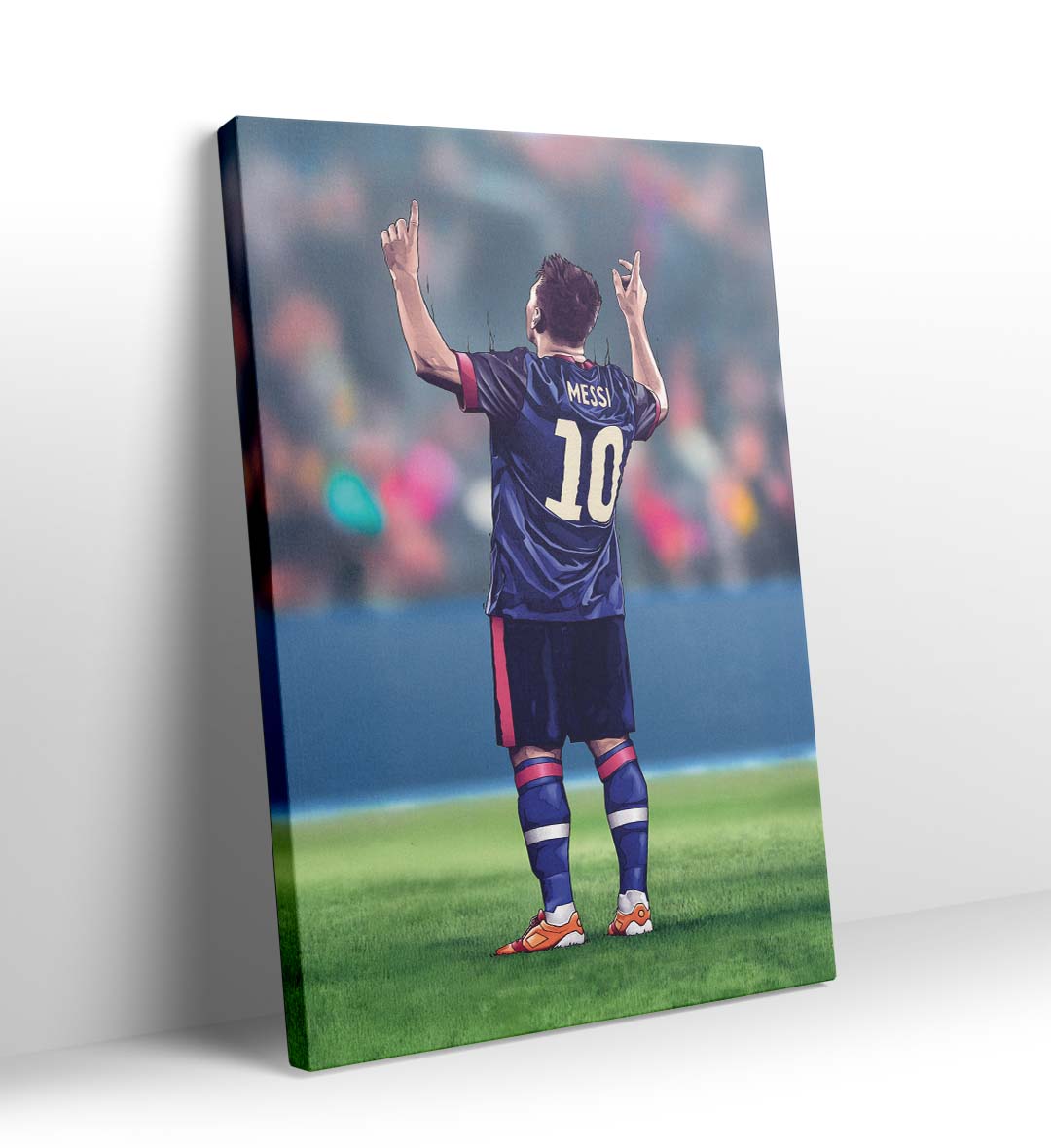 Lionel Messi canvas wall art in Barcelona jersey celebrating, perfect for modern Indian sports home decor.