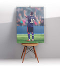 Lionel Messi canvas wall art in Barcelona jersey celebrating, perfect for modern Indian sports home decor.
