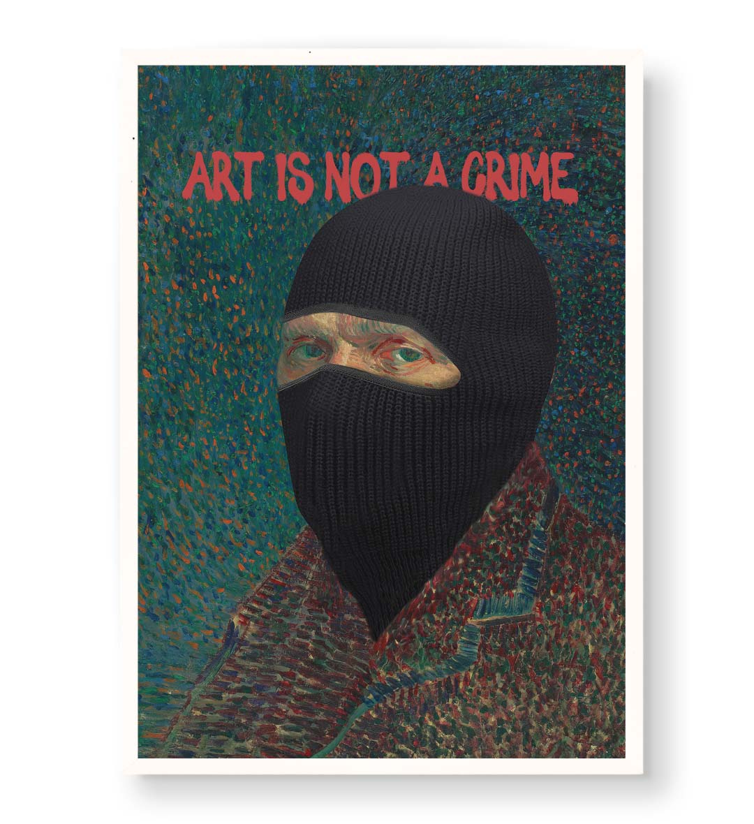 Vincent Van Gogh parody canvas wall art with ski mask and Art Is Not a Crime text, ideal for modern Indian home decor.