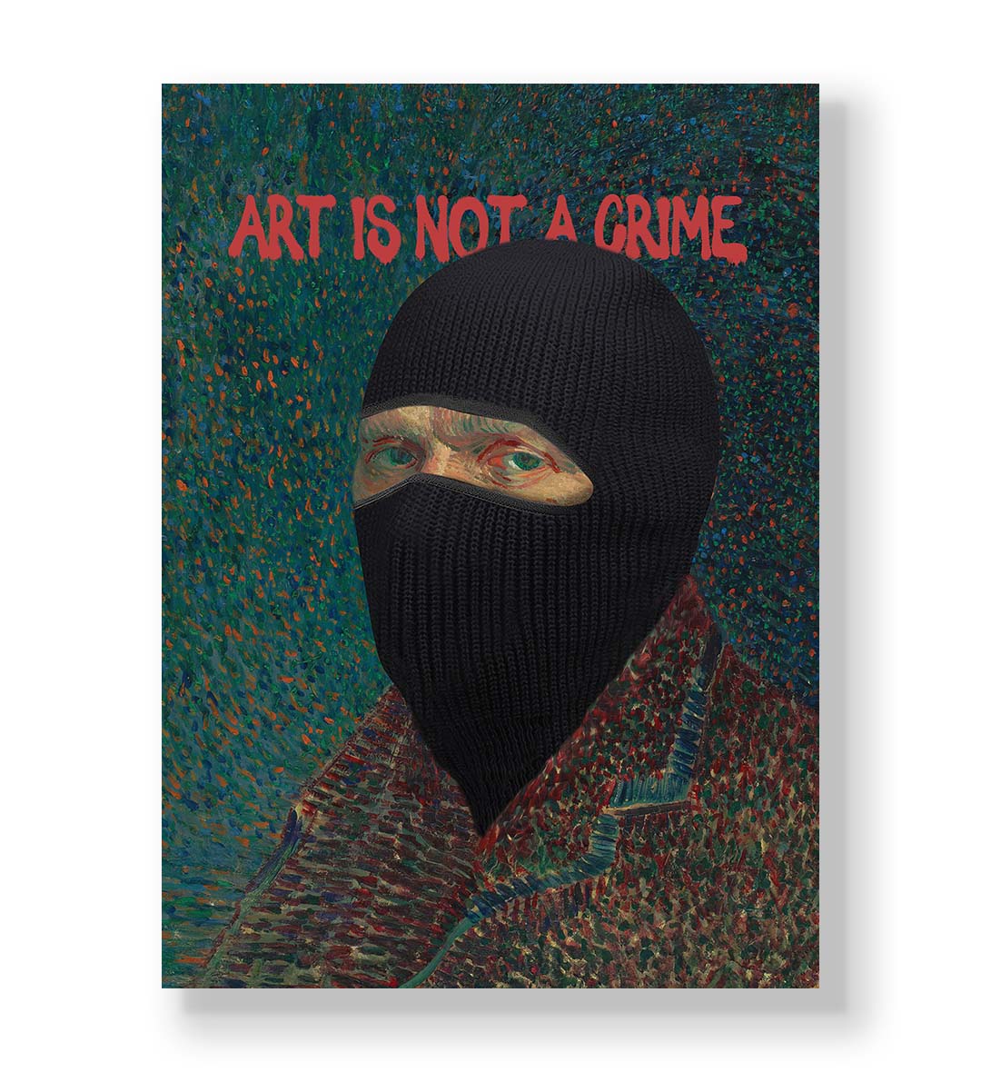 Vincent Van Gogh parody canvas wall art with ski mask and Art Is Not a Crime text, ideal for modern Indian home decor.