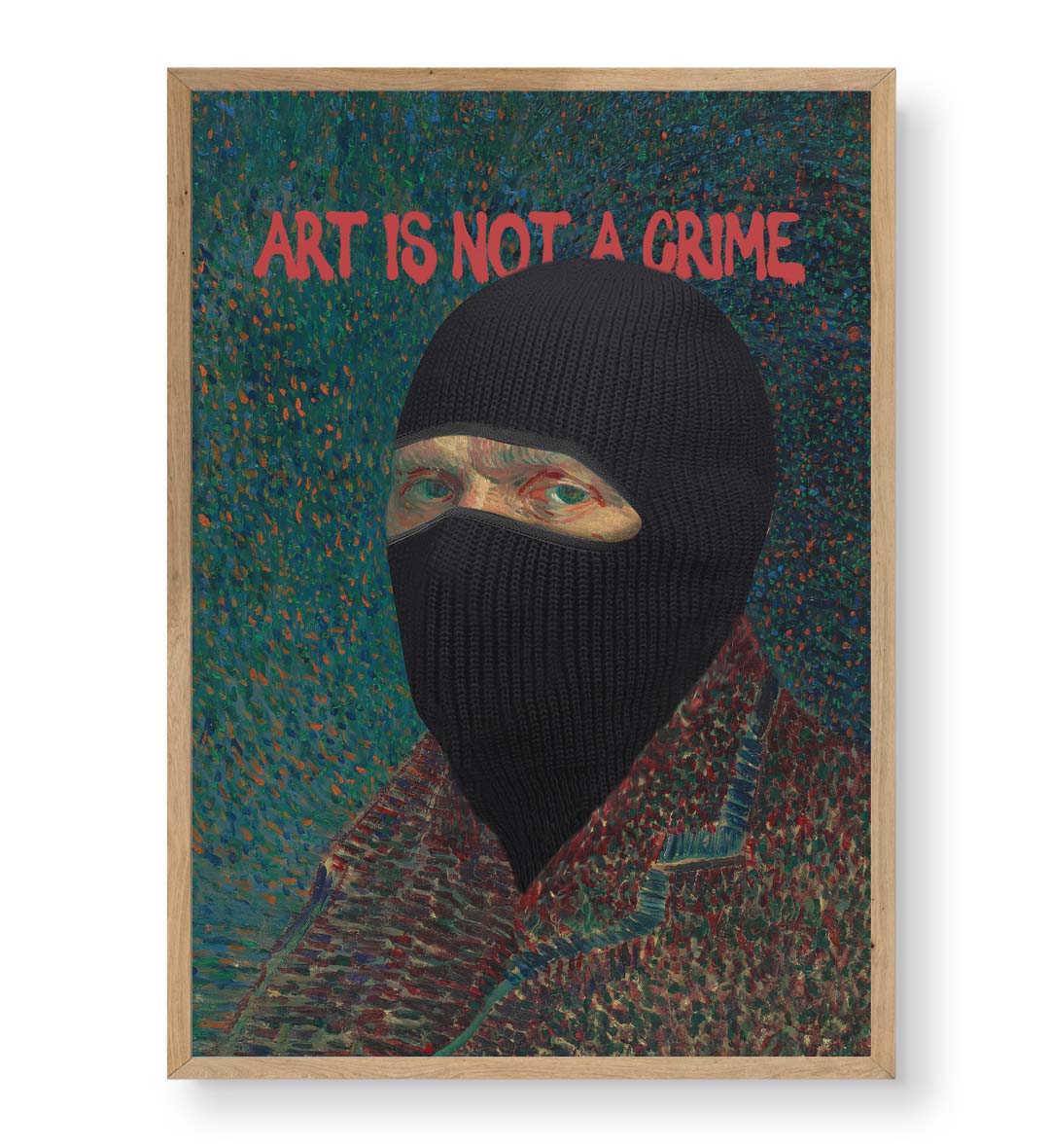Vincent Van Gogh parody canvas wall art with ski mask and Art Is Not a Crime text, ideal for modern Indian home decor.