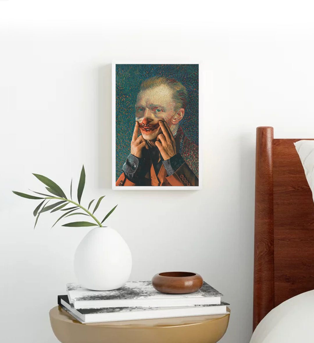 Vincent Van Gogh parody canvas wall art with clown makeup, ideal for modern Indian home decor.