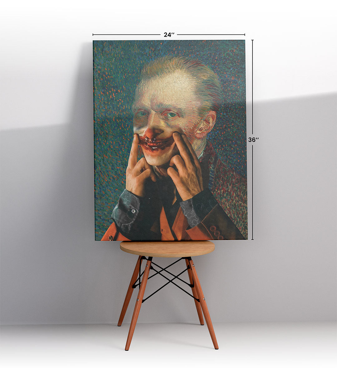 Vincent Van Gogh parody canvas wall art with clown makeup, ideal for modern Indian home decor.