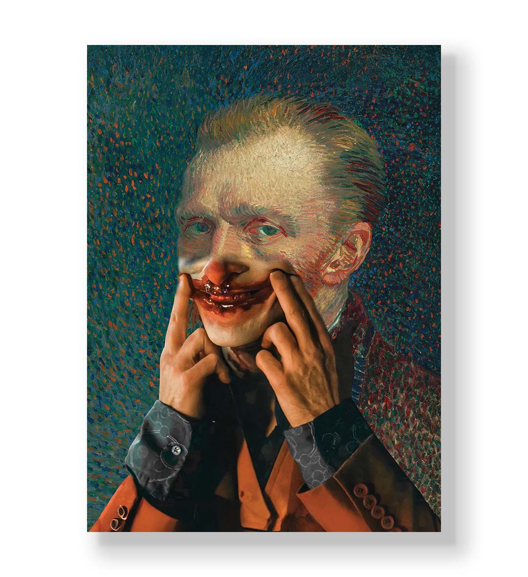 Vincent Van Gogh parody canvas wall art with clown makeup, ideal for modern Indian home decor.