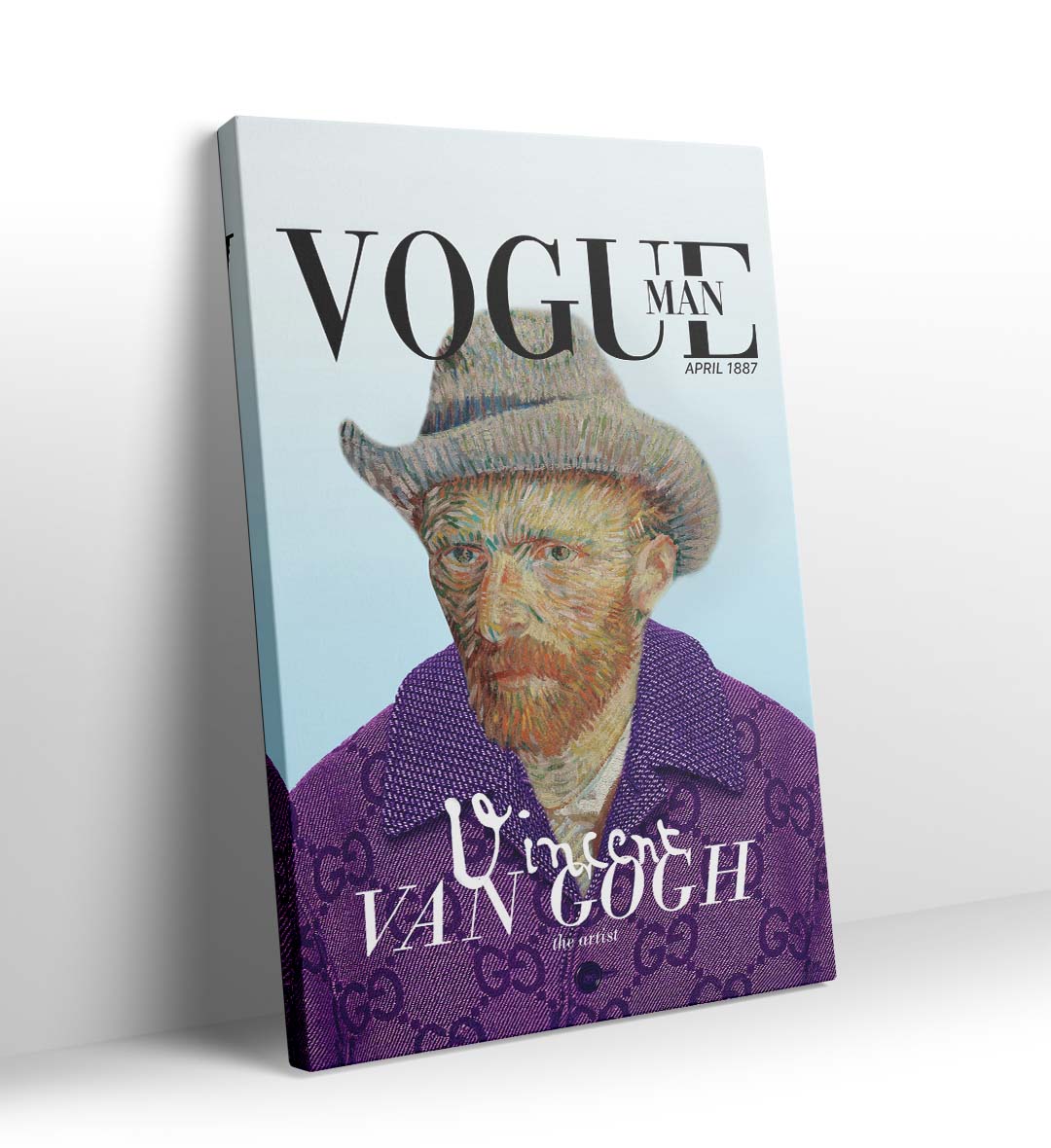 Vincent Van Gogh parody canvas wall art as Vogue Man cover with Gucci jacket, ideal for modern Indian home decor.