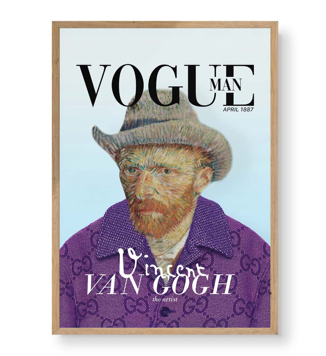 Vincent Van Gogh parody canvas wall art as Vogue Man cover with Gucci jacket, ideal for modern Indian home decor.