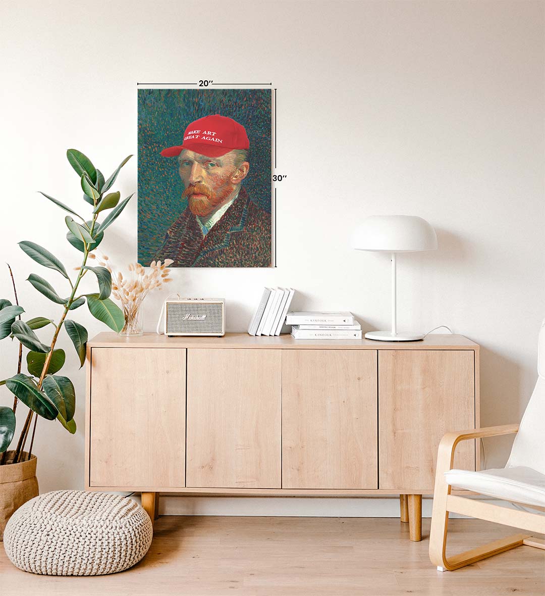 Vincent Van Gogh parody canvas wall art with Make Art Great Again red cap, perfect for modern Indian home decor.