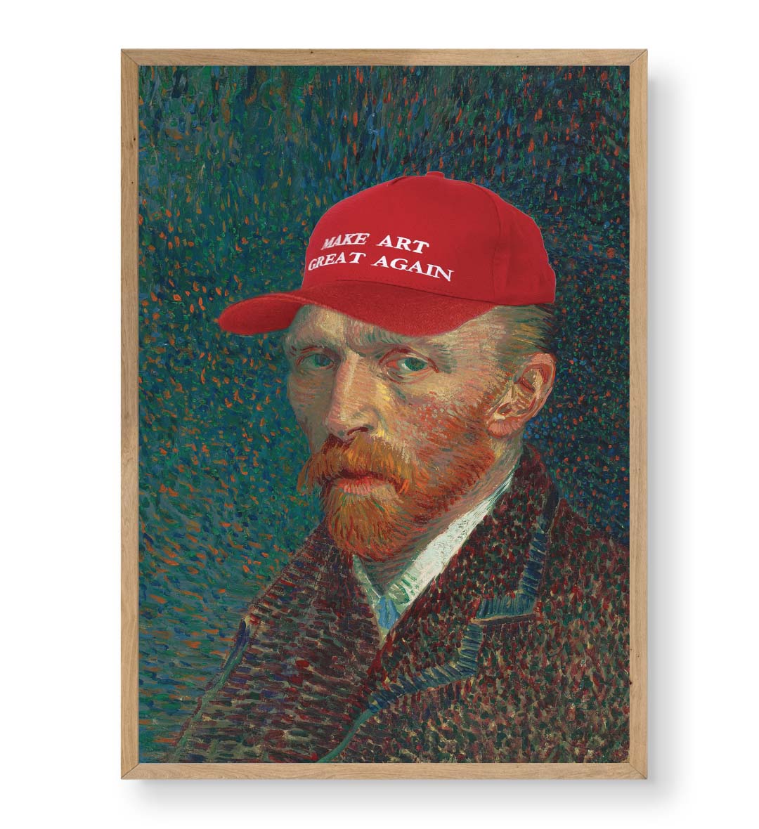 Vincent Van Gogh parody canvas wall art with Make Art Great Again red cap, perfect for modern Indian home decor.