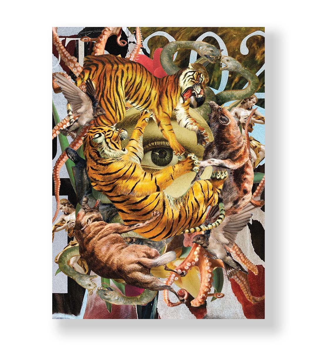 Wild Gaze surreal tiger wall art canvas print with snakes and birds for Indian home decor.