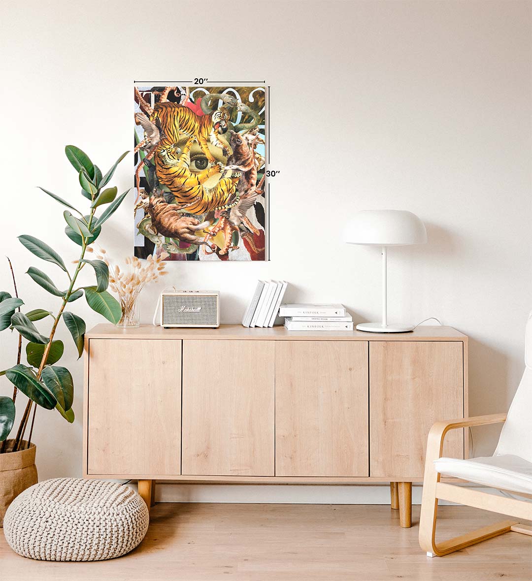 Wild Gaze surreal tiger wall art canvas print with snakes and birds for Indian home decor.
