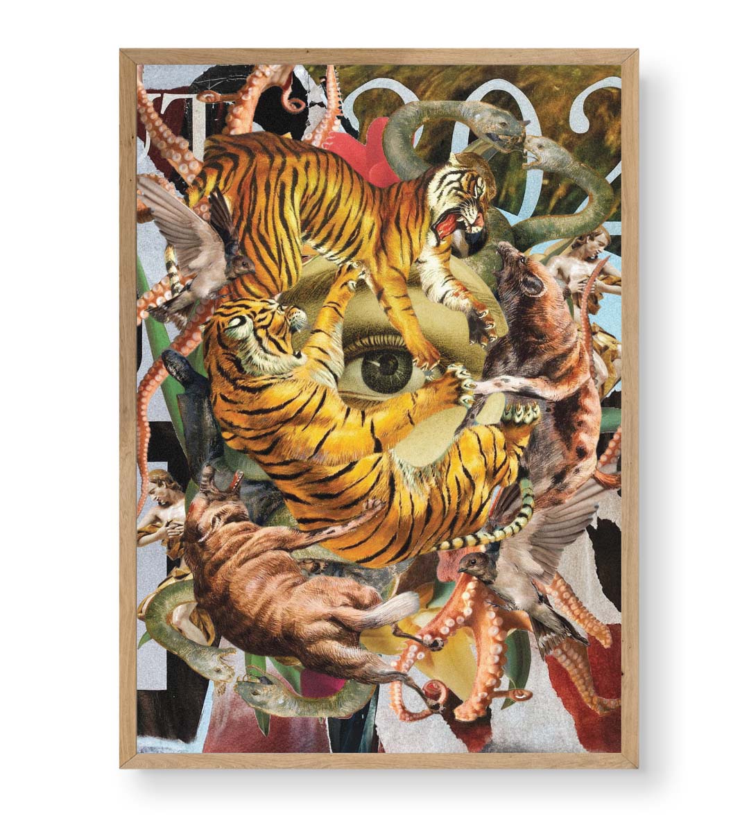 Wild Gaze surreal tiger wall art canvas print with snakes and birds for Indian home decor.