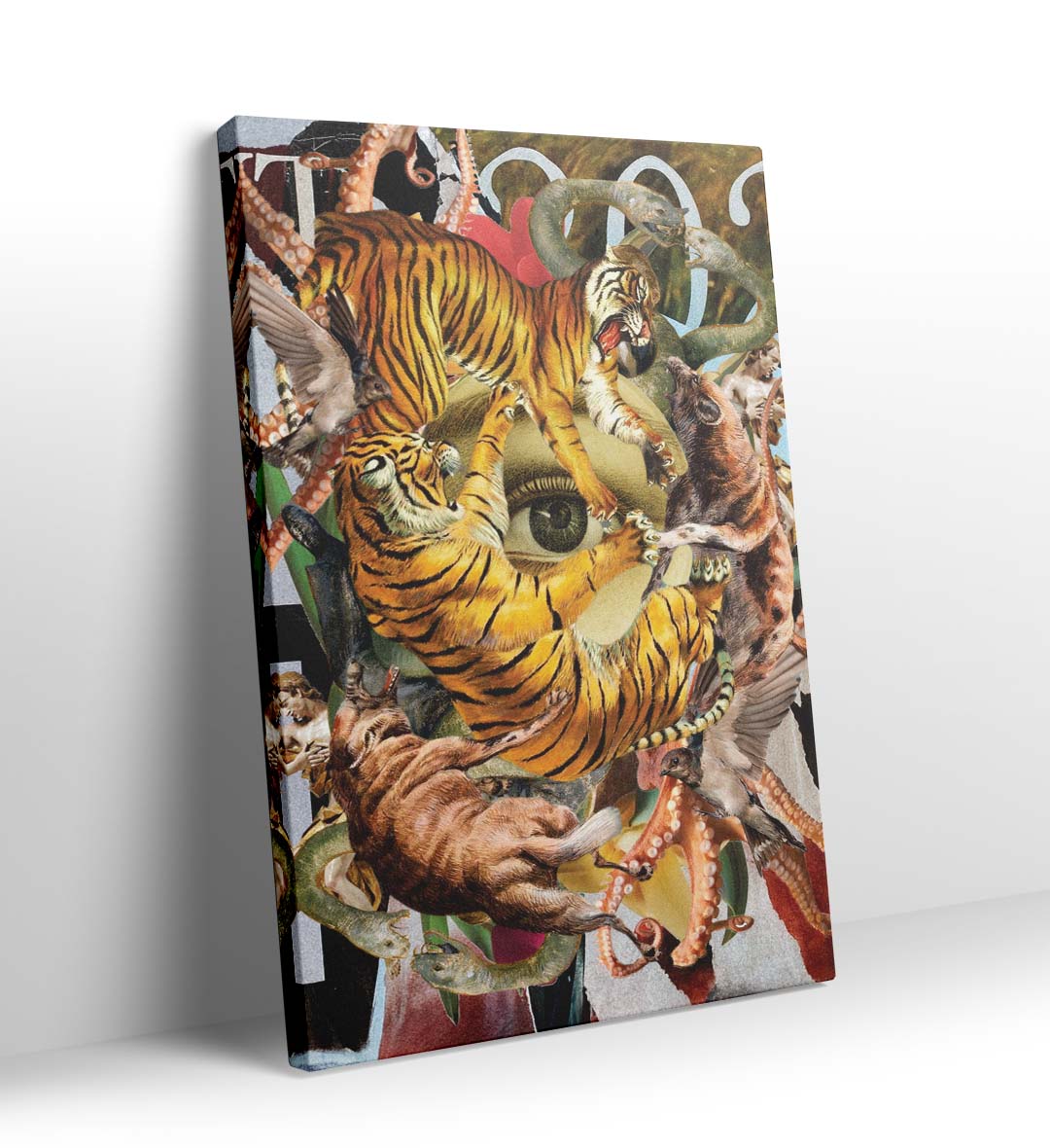 Wild Gaze surreal tiger wall art canvas print with snakes and birds for Indian home decor.