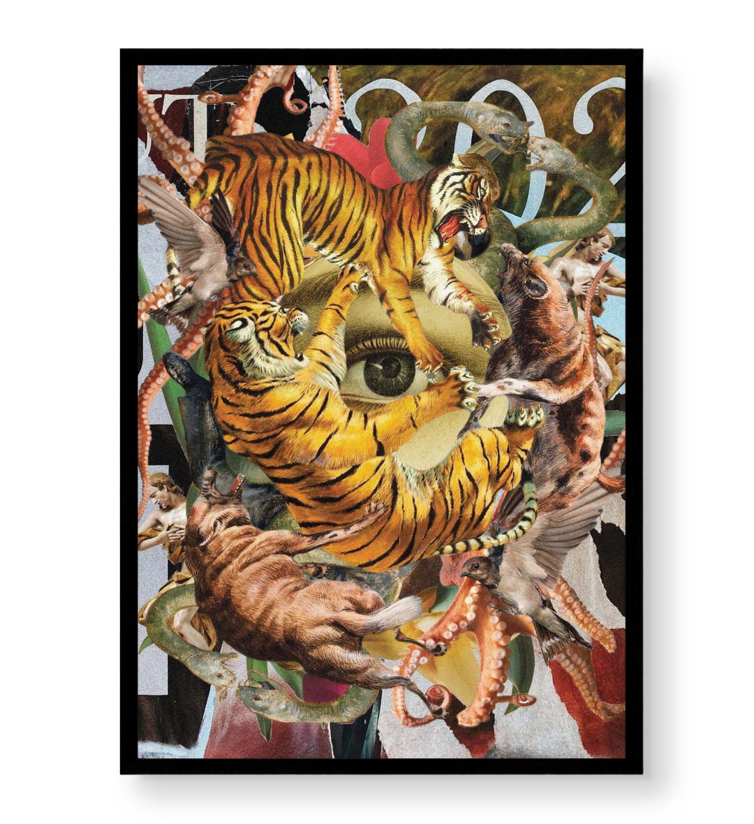 Wild Gaze surreal tiger wall art canvas print with snakes and birds for Indian home decor.